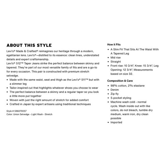 LEVI'S Made & Crafted 512 MIJ Slim Taper Fit Selvedge Men's Jeans NWT - Picture 10 of 10